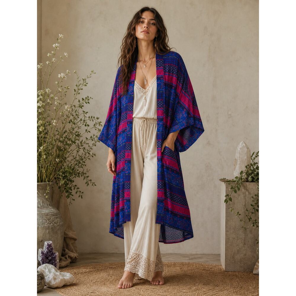 Wallflower Floral Patchwork Chiffon Sheer Kimono Blue Pink Sheer Boho L - Picture 2 of 7